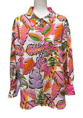 Gorman 100% Linen Shirt Tropical Leaf Print Fun Pastel Pink Green Size 12 Large